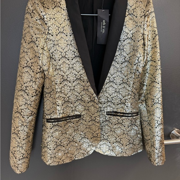 Ark & Co NWT L Gold and Black Blazer jacquard thicker metallic tuxedo cut blazer - Picture 4 of 12
